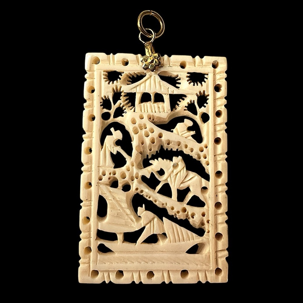 Vintage Carved Bovine Bone Asian Pagoda Village Scene Pendant